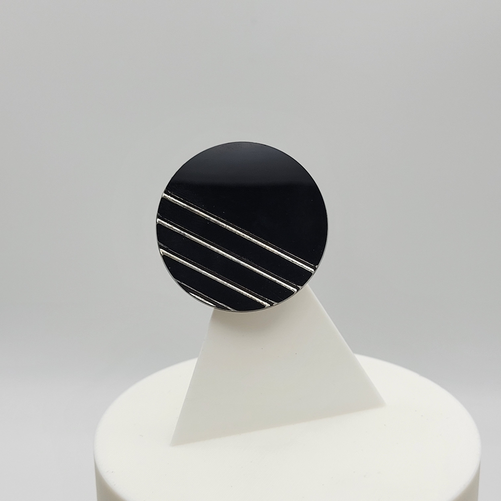 Vintage Genuine Czech Glass Black and Silver Round Brooch